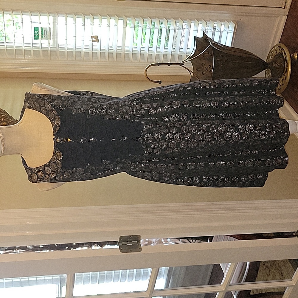 Kensie navy blue metallic silver polkadot sleeveless dress ruffle collar…12 EUC